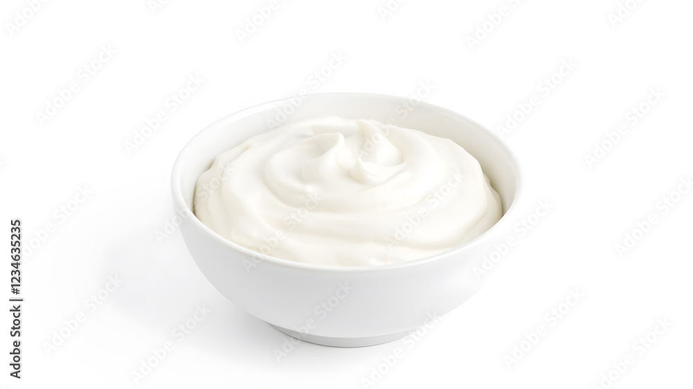 Sour cream or yogurt in white bowl isolated on white background. Generative AI Sour cream or yogurt in white bowl isolated on white background. Generative AI