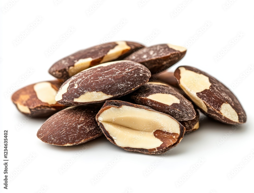 Close up view of a small pile of brown and beige nuts on a white background. Some nuts are whole, others are cracked open, revealing the creamy Close up view of a small pile of brown and beige nuts on a white background. Some nuts are whole, others are cracked open, revealing the creamy
