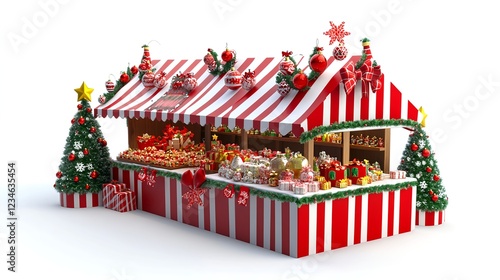3D Cartoon Christmas Market Stall with Ornaments on White Background