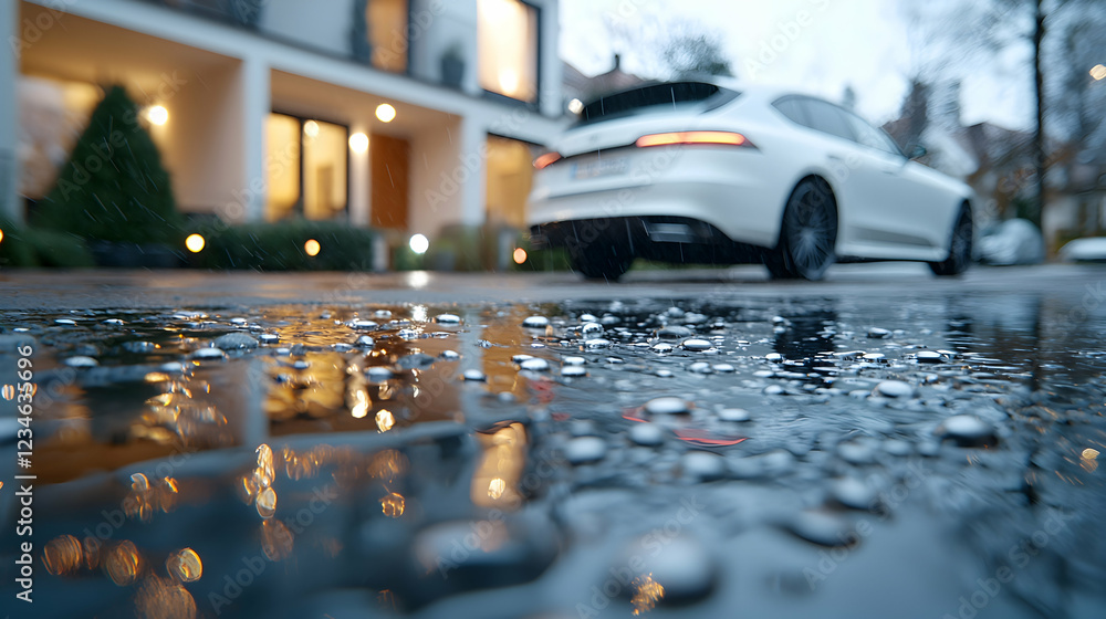 Obraz premium Rainy night, car parked, modern house, puddle reflections