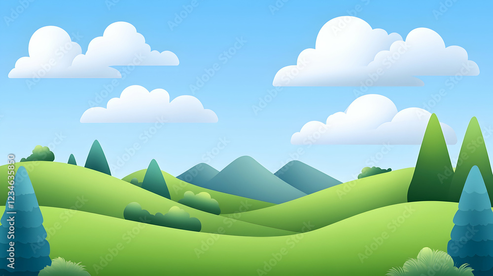 Obraz premium Sunny day rolling hills landscape, green meadows, blue sky, fluffy clouds, nature background