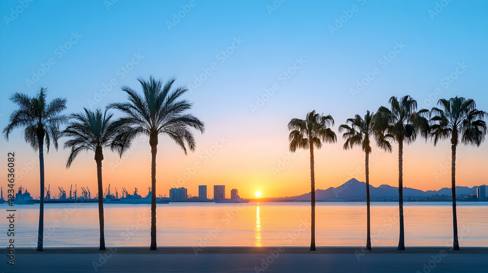 Obraz premium Sunrise over coastal city with palm trees, harbor, and mountains. Ideal for travel brochures