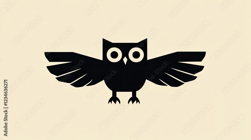 Obraz premium Stylized black owl with outstretched wings on a beige background.