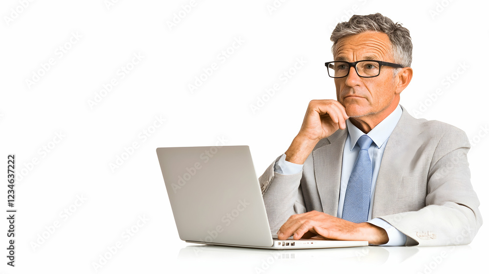 Thoughtful businessman working on laptop, white background, planning, business strategy Thoughtful businessman working on laptop, white background, planning, business strategy