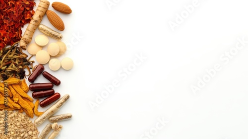 Aromatic spices and herbs, a culinary symphony of flavors on white background photo