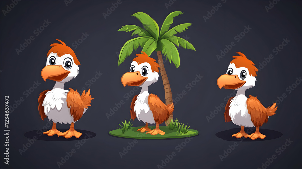 Fototapeta premium Three cute cartoon birds near palm tree, tropical island background; perfect for children's book illustrations
