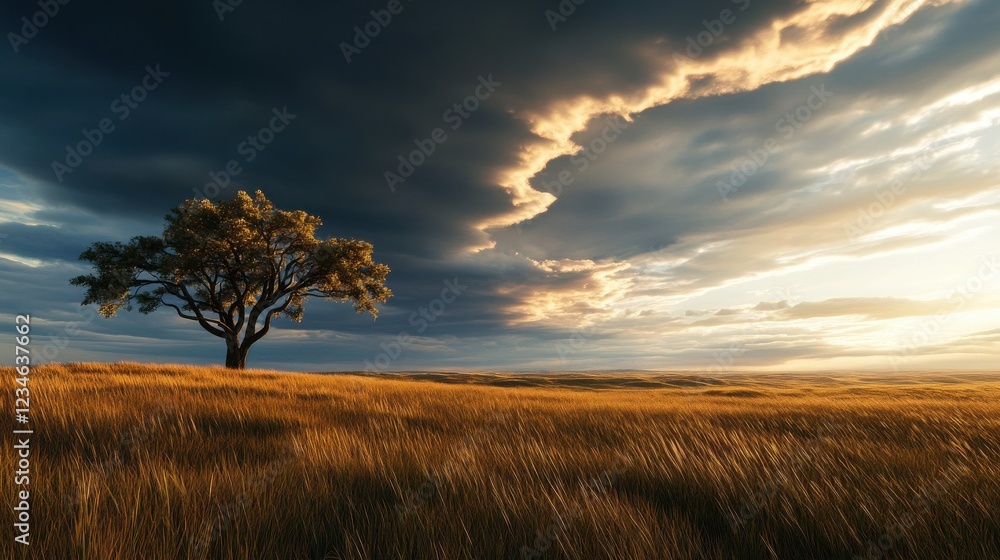 A dramatic storm rolling in over a wide-open prairie with a lone tree. A dramatic storm rolling in over a wide-open prairie with a lone tree.