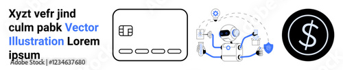 Robot holding credit card, key, and shield with dollar sterling sign, chip card icon. Ideal for fintech, digital payments, financial security, AI e-commerce banking innovation. Landing page