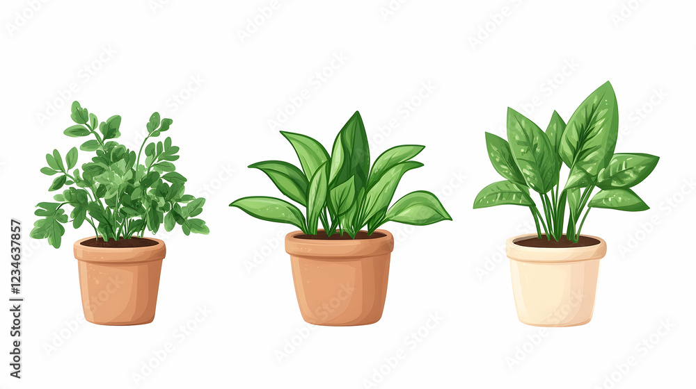 Three potted indoor plants parsley, peace lily, and prayer plant, on white background; ideal for home decor websites Three potted indoor plants parsley, peace lily, and prayer plant, on white background; ideal for home decor websites