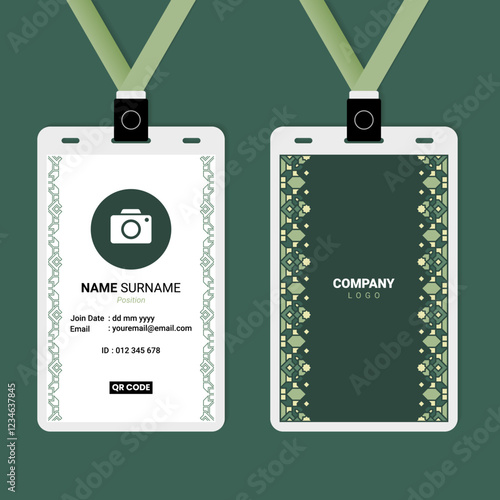 ID Card Design with Green Pastel Islamic Vertical Ornament on The Side