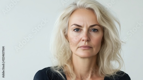 A solemn blonde woman with a tense expression looks forward, her serious and emotional face standing out against the pure white background. photo