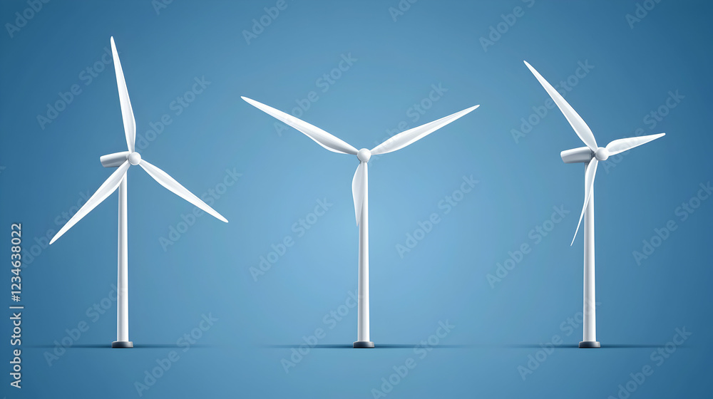 Three wind turbines against a blue background, illustrating clean energy Three wind turbines against a blue background, illustrating clean energy