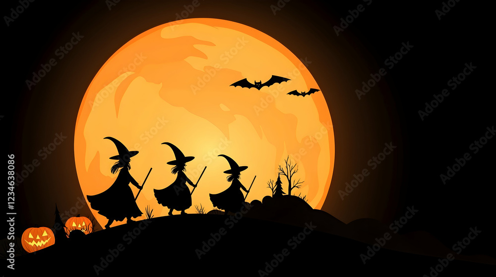 Three witches walking under a full Halloween moon, pumpkins and bats in the background; ideal for Halloween cards Three witches walking under a full Halloween moon, pumpkins and bats in the background; ideal for Halloween cards