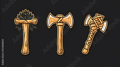 Three types of ancient axes on dark background; design elements for game, book, or website photo