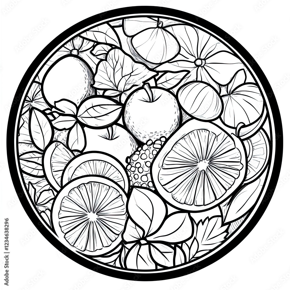 Vibrant Fruit Mandala Apples and Oranges Design for Wellness and Zen Vibrant Fruit Mandala Apples and Oranges Design for Wellness and Zen