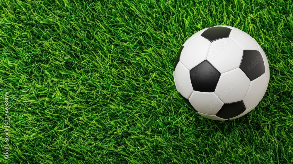 Fototapeta premium A close-up view of a classic black and white soccer ball resting on lush green grass, perfect for sports themes.