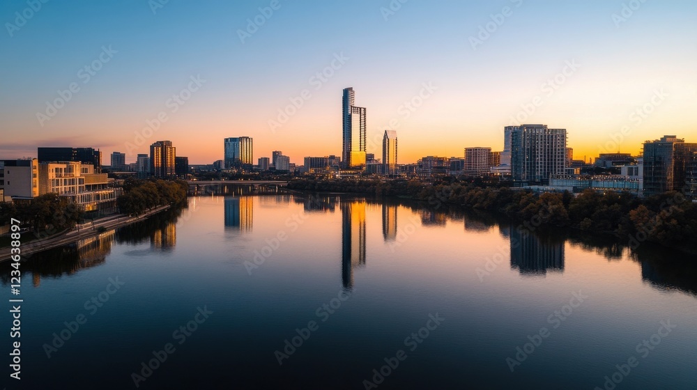 A panoramic city skyline reflecting in a calm river at dusk. A panoramic city skyline reflecting in a calm river at dusk.