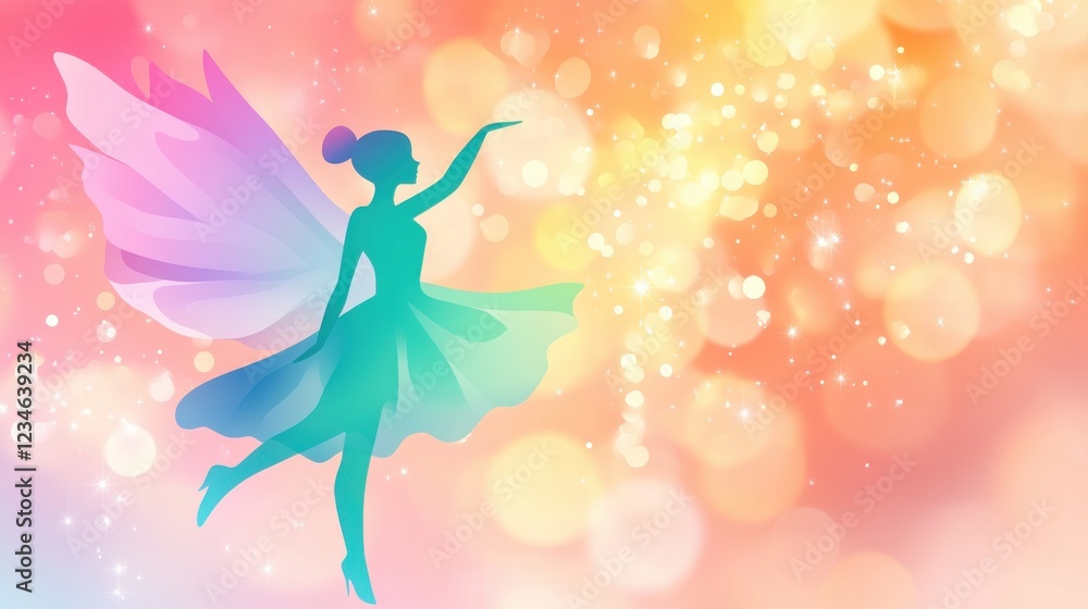 A whimsical silhouette of a fairy with colorful wings dances against a soft, pastel background filled with light bokeh effects. A whimsical silhouette of a fairy with colorful wings dances against a soft, pastel background filled with light bokeh effects.