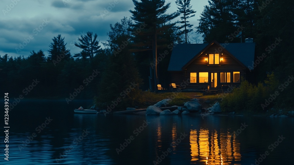 Fototapeta premium A serene lakeside cabin illuminated at twilight with warm lights reflecting on the water