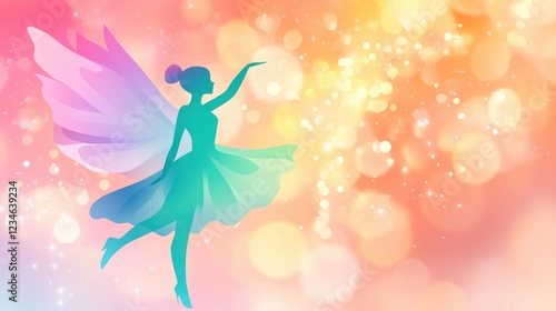 A whimsical silhouette of a fairy with colorful wings dances against a soft, pastel background filled with light bokeh effects.