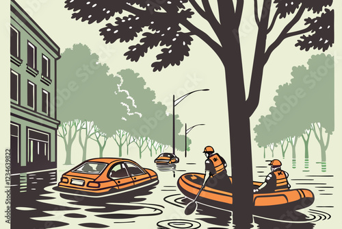 Urban flood scene, rescue workers in orange raft, flooded street, submerged cars, water reflection, green trees, grey atmosphere, dramatic lighting, photorealistic, high detail, cinematic compositi