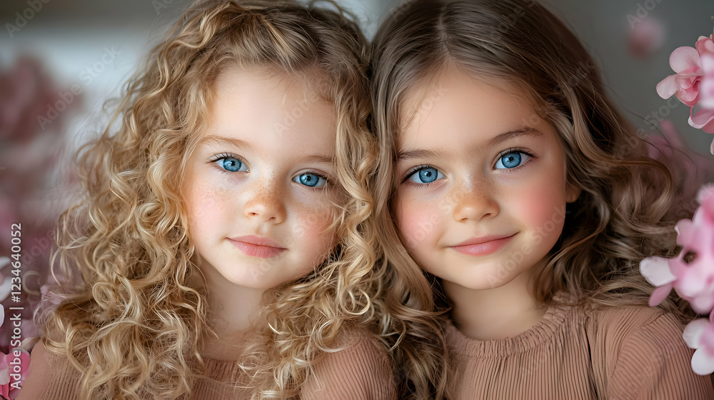 Twin girls, studio portrait, pink flowers, childhood innocence, family photo
