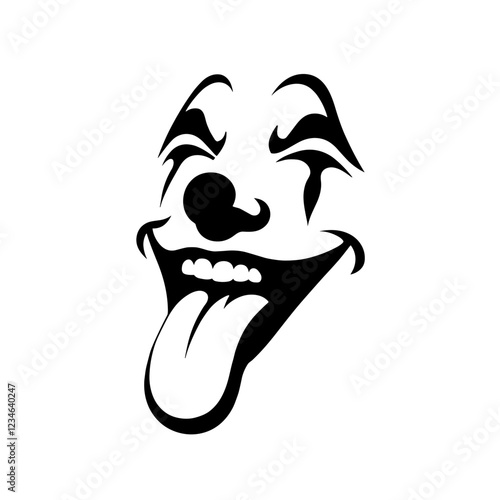 A black and white silhouette of clown shows his tongue, minimalist art, vector, isolated, transparent background 