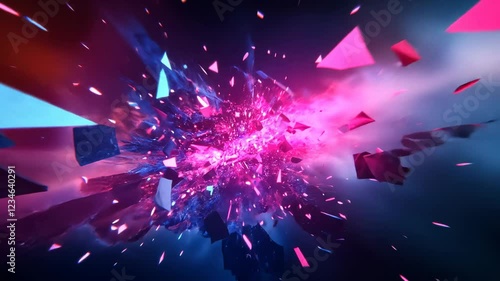Neon Explosion: A vibrant digital art piece depicting a cosmic explosion of shattered crystals in pink and blue hues.