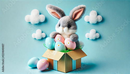 Funny easter concept holiday animal celebration greeting card - Cute little easter bunny, rabbit sitting in many colorful painted esater eggs, isolated on blue background. Generative AI. photo