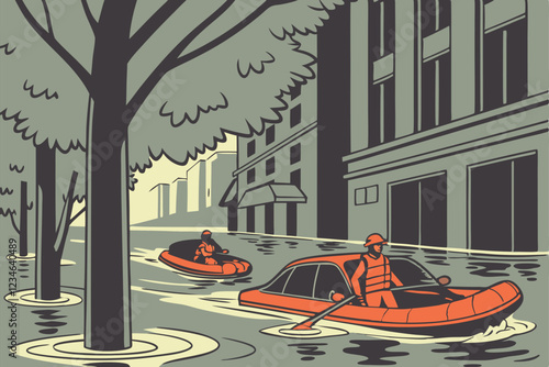 Urban flood scene, rescue workers in orange raft, flooded street, submerged cars, water reflection, green trees, grey atmosphere, dramatic lighting, photorealistic, high detail, cinematic compositi