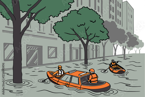 Urban flood scene, rescue workers in orange raft, flooded street, submerged cars, water reflection, green trees, grey atmosphere, dramatic lighting, photorealistic, high detail, cinematic compositi