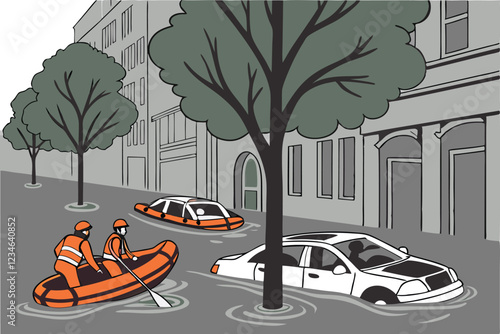 Urban flood scene, rescue workers in orange raft, flooded street, submerged cars, water reflection, green trees, grey atmosphere, dramatic lighting, photorealistic, high detail, cinematic compositi