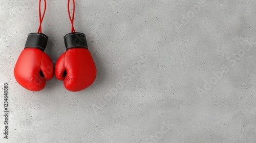 A pair of red boxing gloves hanging against a concrete wall, symbolizing strength and resilience in sports.