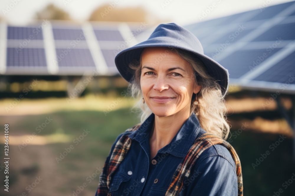 Portrait of a middle aged woman engineer standing in front of solar panels Portrait of a middle aged woman engineer standing in front of solar panels