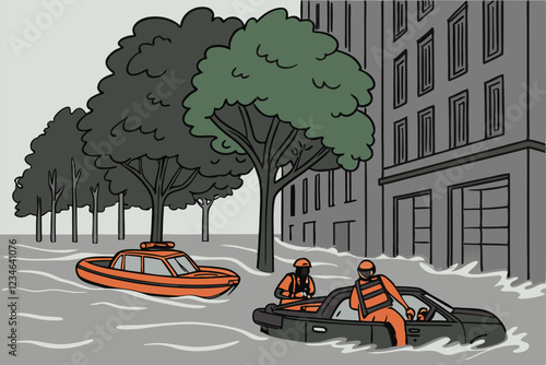 Urban flood scene, rescue workers in orange raft, flooded street, submerged cars, water reflection, green trees, grey atmosphere, dramatic lighting, photorealistic, high detail, cinematic compositi