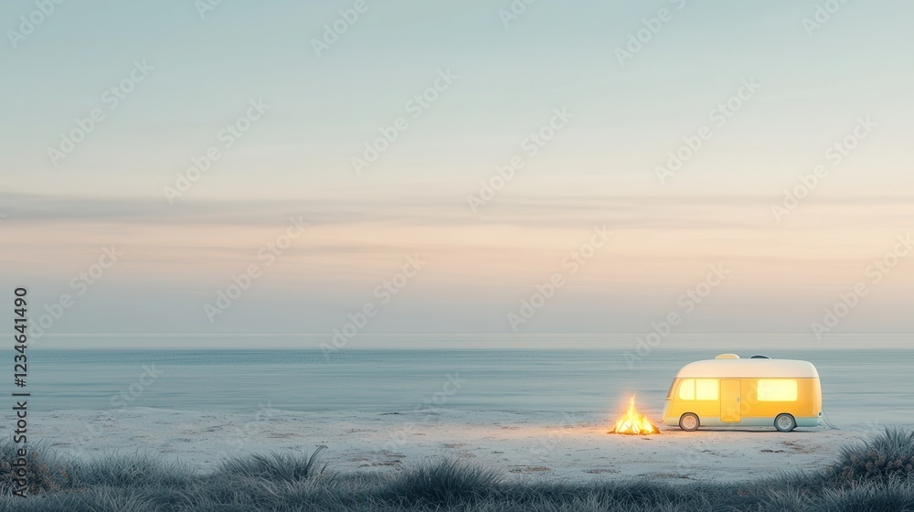Serene Beach Scene with Camper and Campfire at Dusk Serene Beach Scene with Camper and Campfire at Dusk