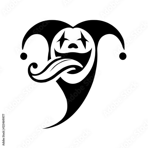 A black and white silhouette of funny jester shows his tongue, minimalist art, vector, isolated, transparent background 