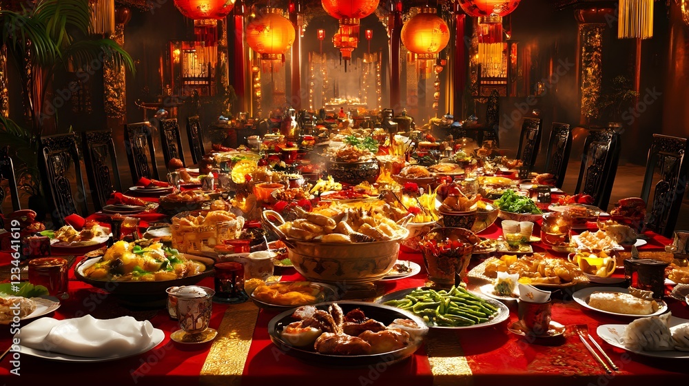 Fototapeta premium Chinese New Year Feast Table Filled With Symbolic Dishes and Decorations