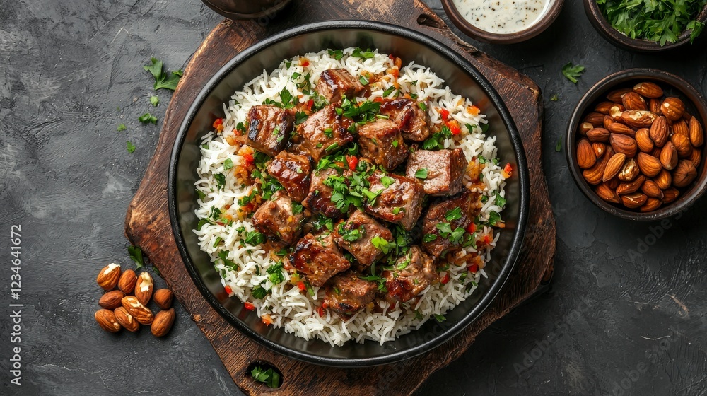 Savory Grilled Meat Chunks on a Bed of Rice Garnished with Fresh Herbs and Sliced Vegetables Savory Grilled Meat Chunks on a Bed of Rice Garnished with Fresh Herbs and Sliced Vegetables