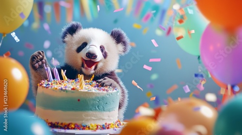 A magical, fun-filled birthday party with a cake, party decorations, and cute animals like a panda and a koala, surrounded by confetti. 