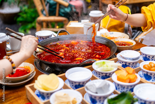 Photography Female tourist eating original mala spicy hot pot in Chongqing, China