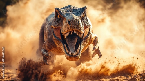 Dinosaur Charging Through Dusty Terrain in a Prehistoric Landscape with Vibrant Colors photo