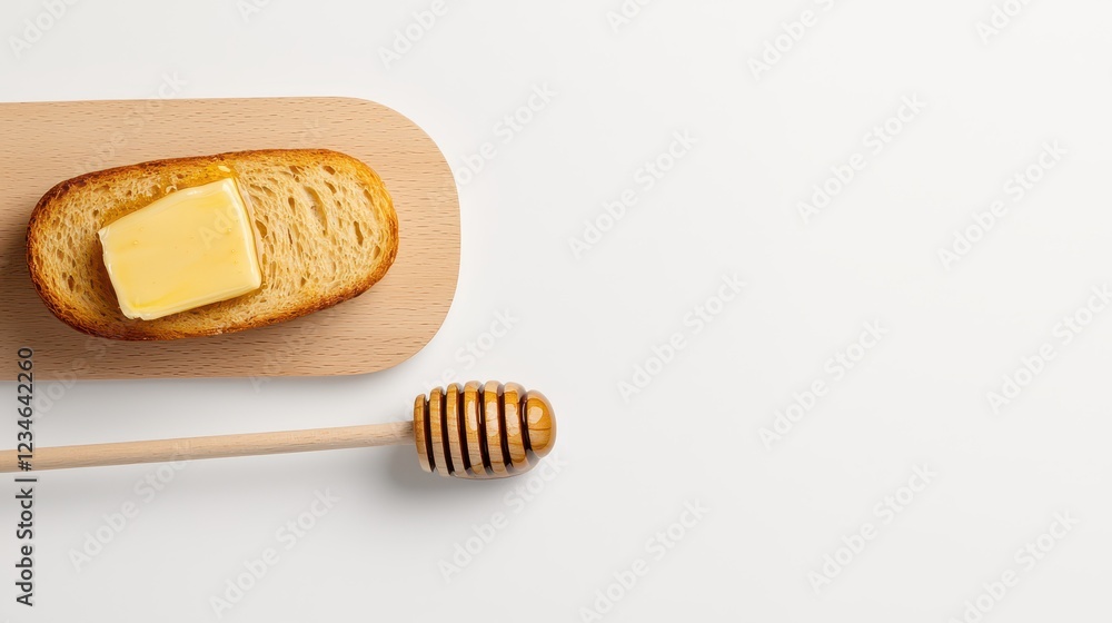 A slice of bread with butter and honey on a minimalistic wooden board, perfect for breakfast or snack inspiration.