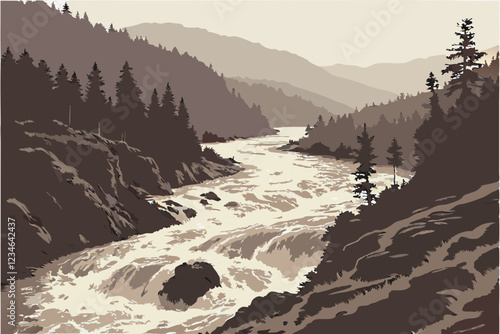  Raging river, muddy floodwaters, turbulent rapids, dense pine forest, misty atmosphere, overcast sky, rugged wilderness, aerial view, rushing torrent, erosion, natural disaster, powerful current, f