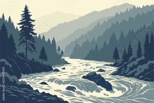  Raging river, muddy floodwaters, turbulent rapids, dense pine forest, misty atmosphere, overcast sky, rugged wilderness, aerial view, rushing torrent, erosion, natural disaster, powerful current, f
