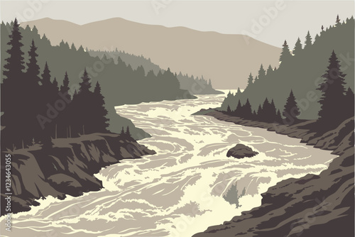  Raging river, muddy floodwaters, turbulent rapids, dense pine forest, misty atmosphere, overcast sky, rugged wilderness, aerial view, rushing torrent, erosion, natural disaster, powerful current, f