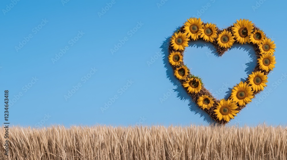 Obraz premium A vibrant heart shape made of sunflowers against a clear blue sky, symbolizing love and nature's beauty.