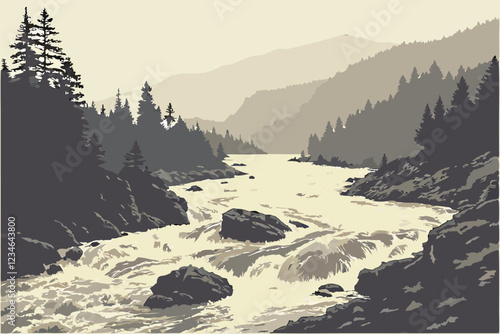  Raging river, muddy floodwaters, turbulent rapids, dense pine forest, misty atmosphere, overcast sky, rugged wilderness, aerial view, rushing torrent, erosion, natural disaster, powerful current, f