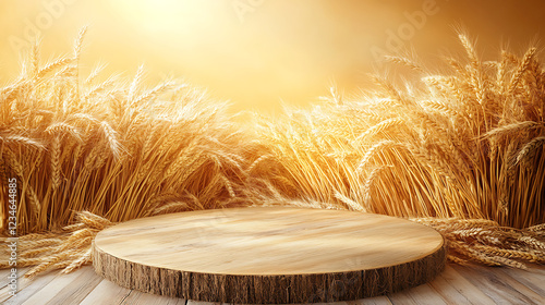 Golden Wheat Podium A Rustic Wooden Display in a Summer Field