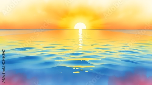 Vibrant sunset over calm ocean waters with reflections for beach-themed art or backgrounds